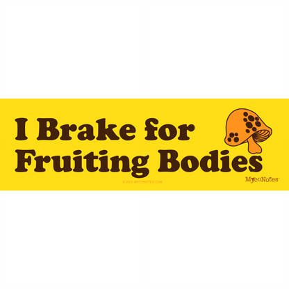 Bumper sticker with text 'I Brake for Fruiting Bodies' and a mushroom illustration on a yellow background.