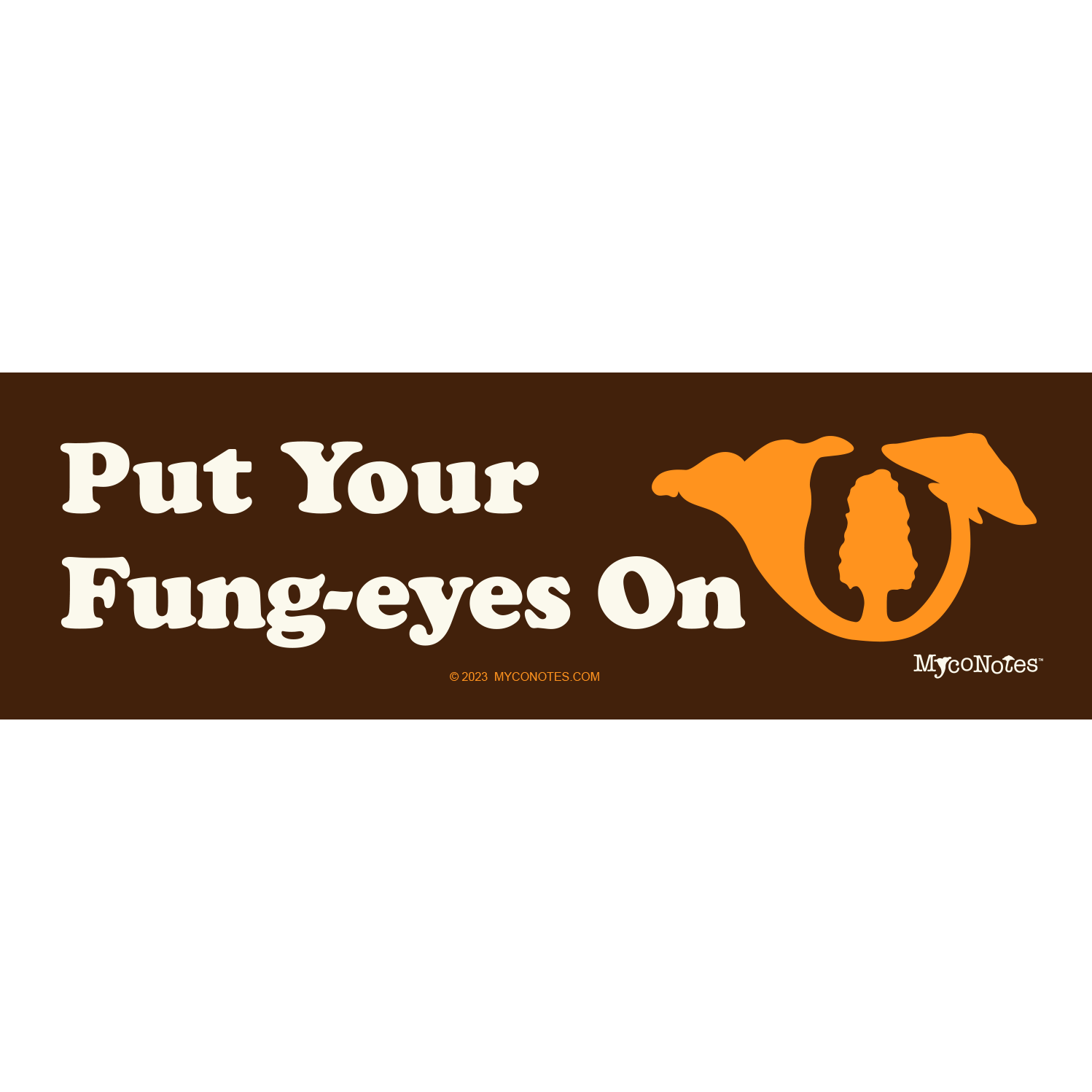 Bumper sticker with text 'Put Your Fung-eyes On' and an orange mushroom graphic on a brown background.