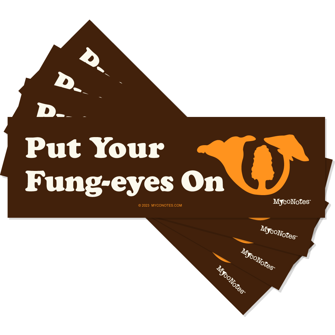 Stack of brown bumper stickers with 'Put Your Fung-eyes On' text and mushroom illustration