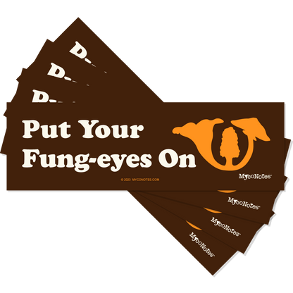 Stack of brown bumper stickers with 'Put Your Fung-eyes On' text and mushroom illustration